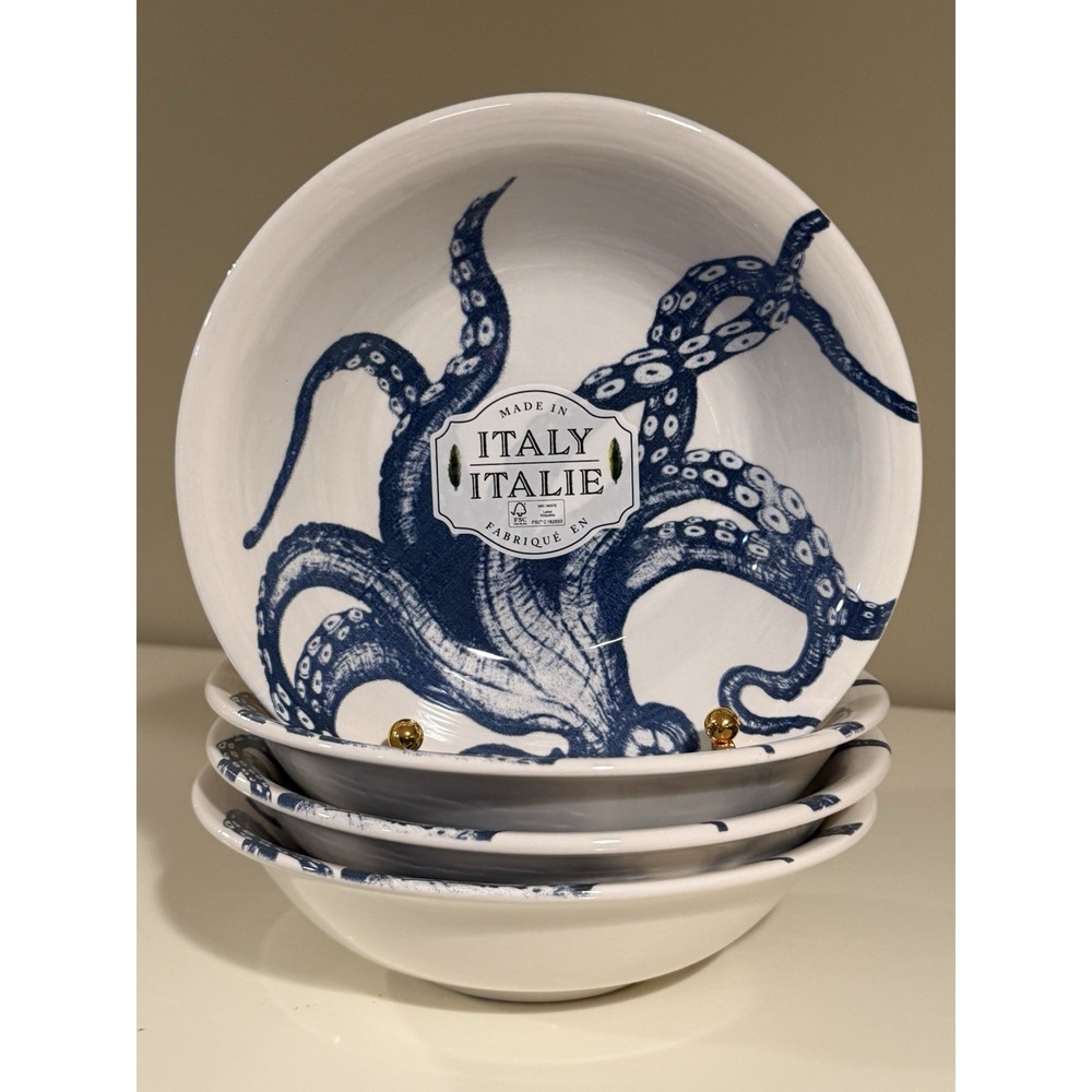 Set of 4 Ceramicheitalia 6 1/2" Blue Octopus Dessert Bowls, Handworked in Italy